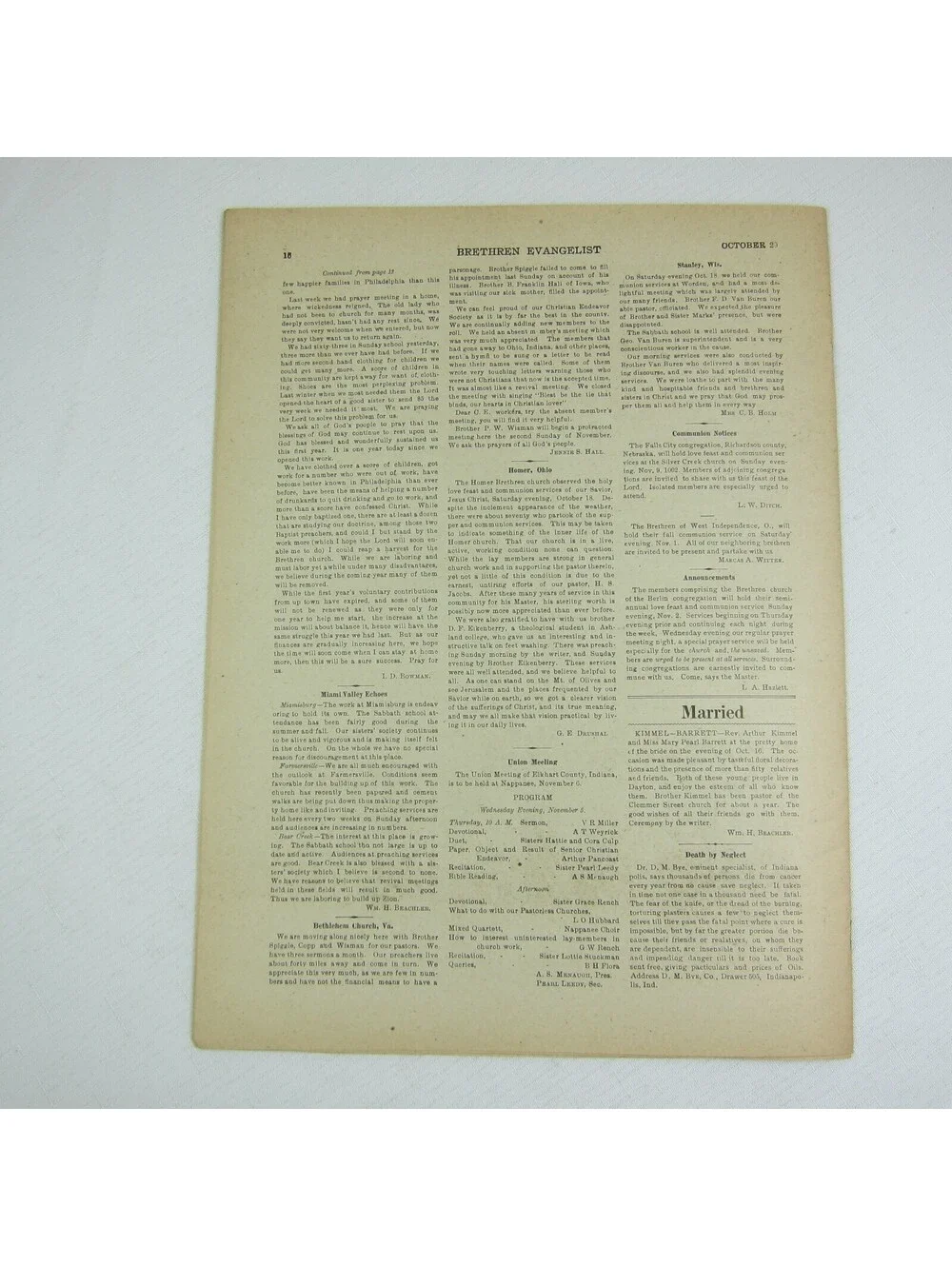 Brethren Evangelist Christian Newspaper Ashland Ohio Antique October 29th 1902